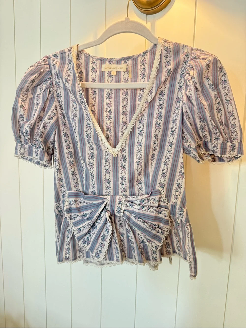LoveShackFancy Lavender and White Striped Puff-Sleeve V-Neck Top with Front Bow